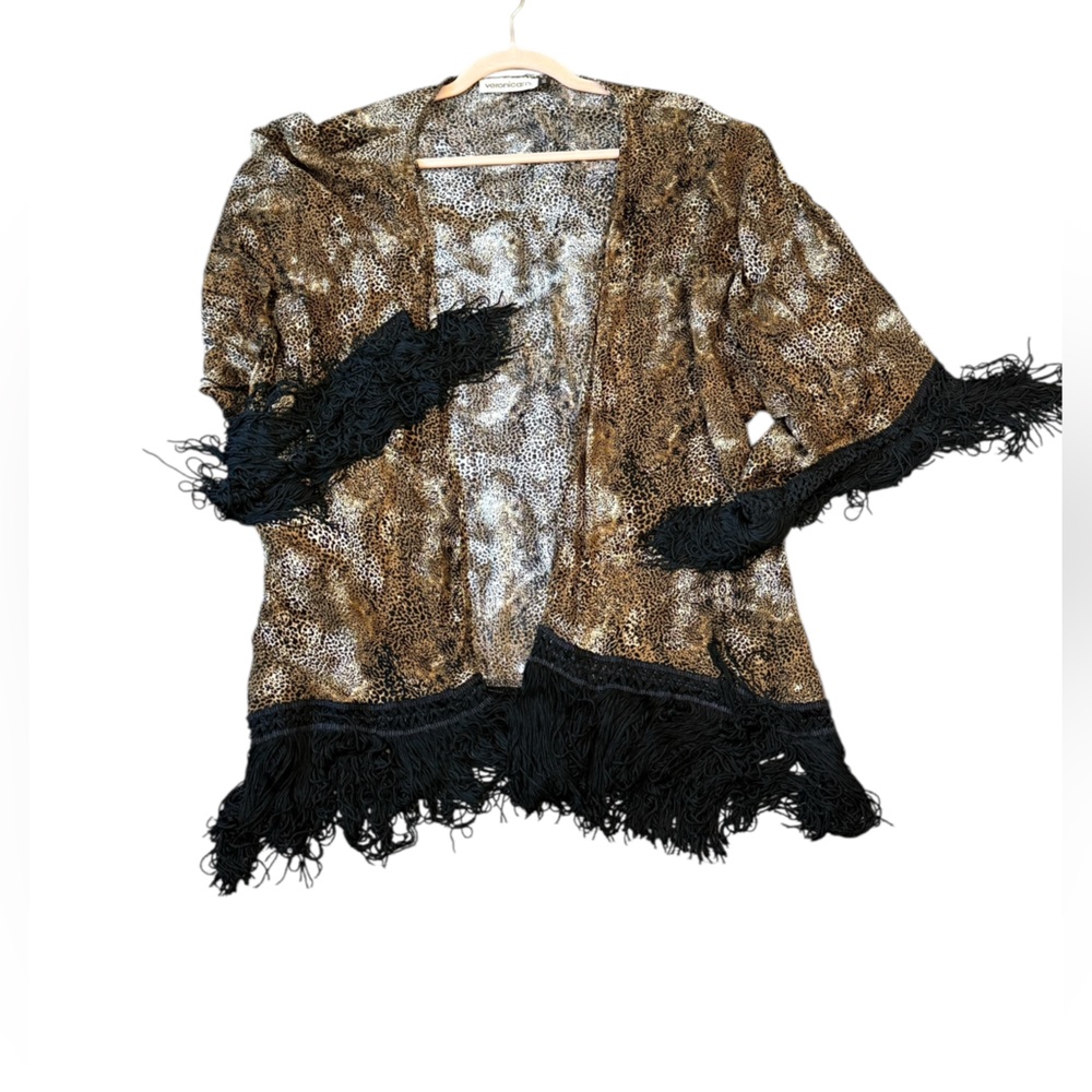 Veronica M. brown and black leopard print kimono with black fringe trim Size XS